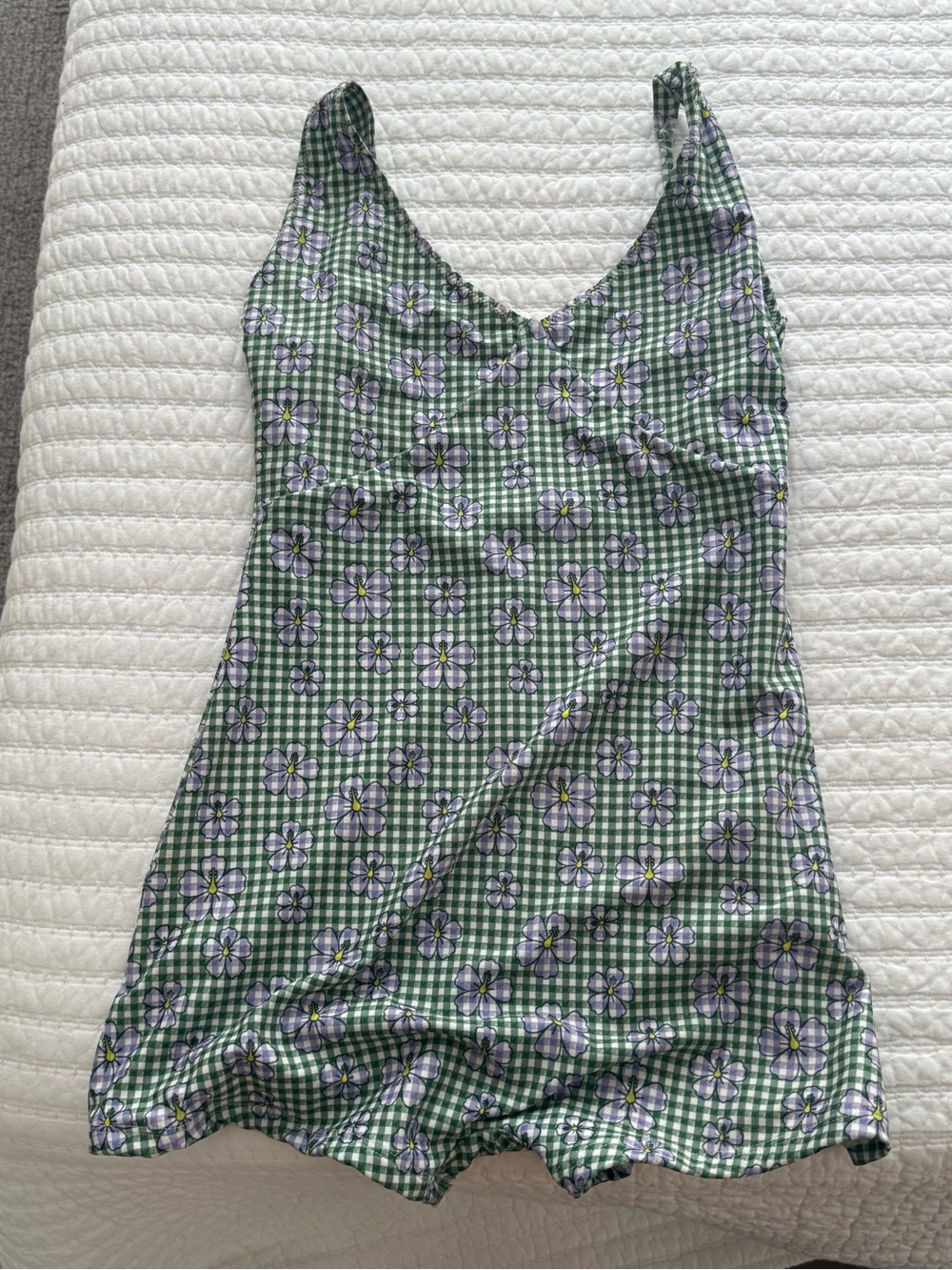 Inner Relm one-piece shorts surf swim suit L Large green gingham floral